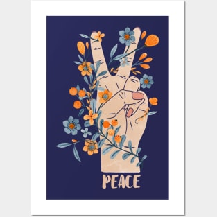 Peace Sign With Orange Flowers, Blue Flowers And Vines Posters and Art